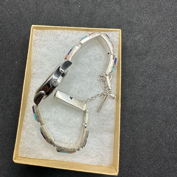 Navajo Stone Inlay Sterling Silver Jewelry Watch. Mother of Pearl watch face - Picture 5 of 5